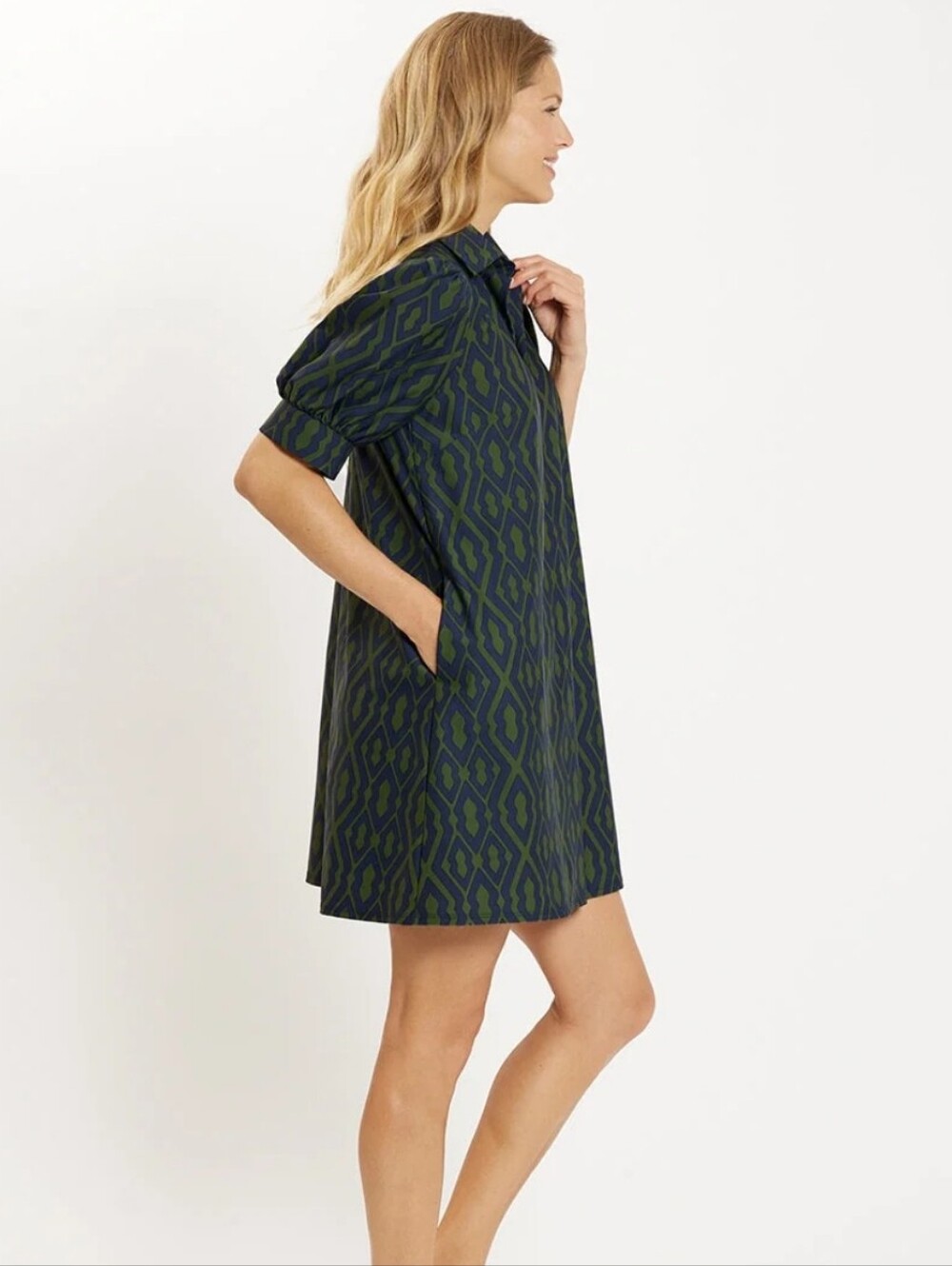 Jude Connally Navy and Olive Geometric Collared Midi Dress